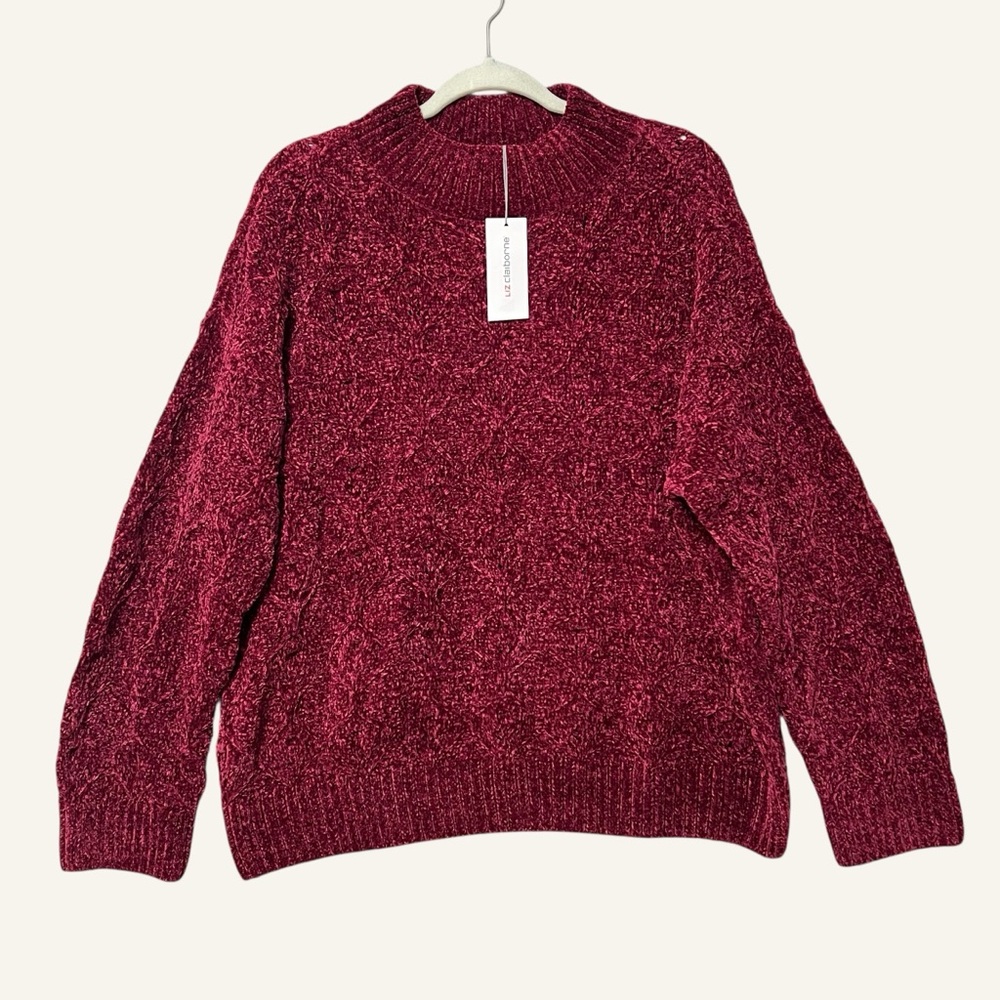 Liz Claiborne Chenille Mock Neck Sweater NWT Size 0X Maroon Red Cable Cozy Knit